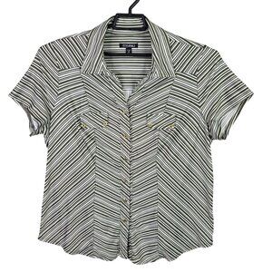 Womens Roz & Ali Green & White Striped Blouse Button Up Short Sleeve Size 2X